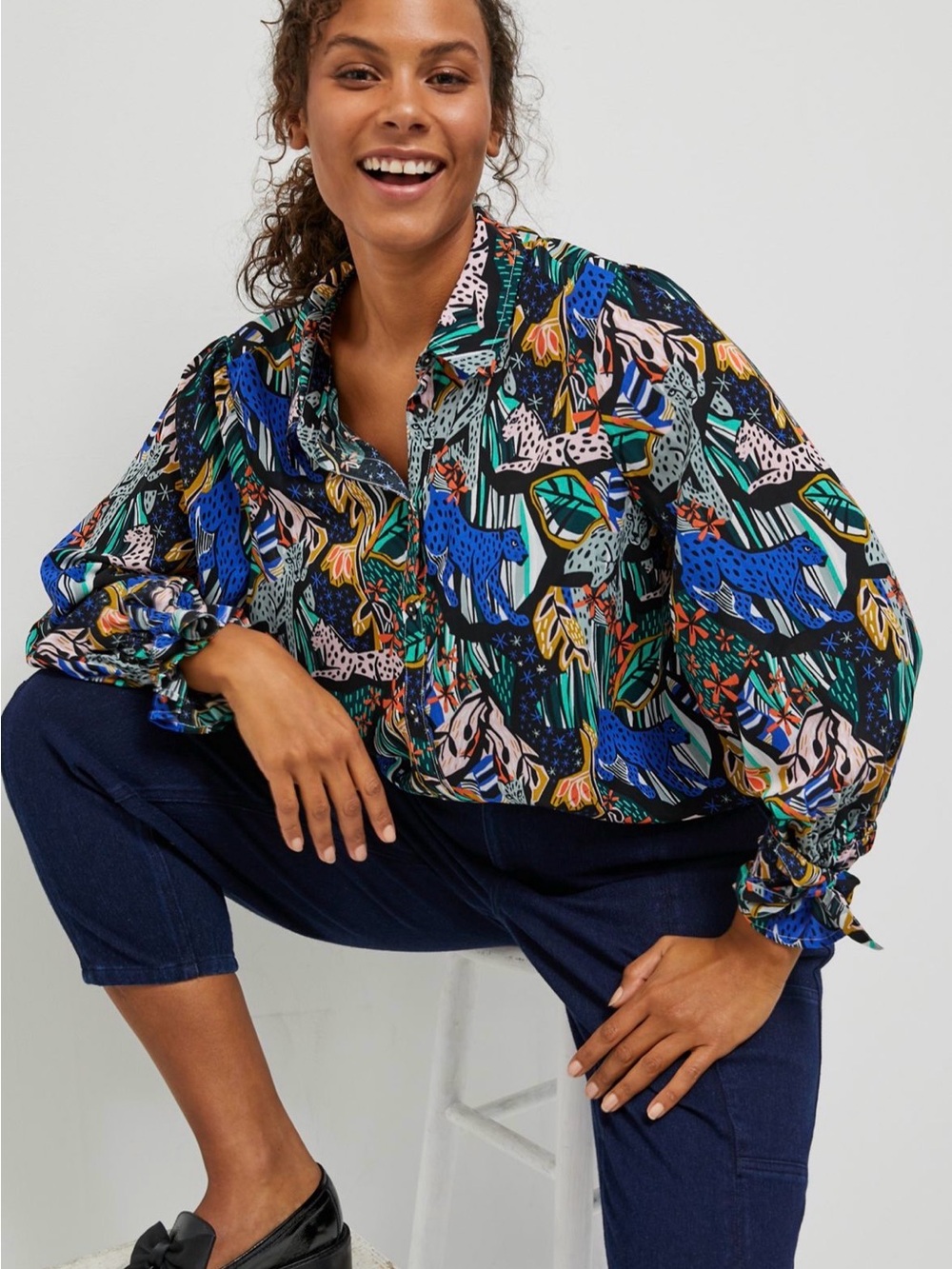 Anthropologie Multicolor Animal & Floral Button-Down Blouse